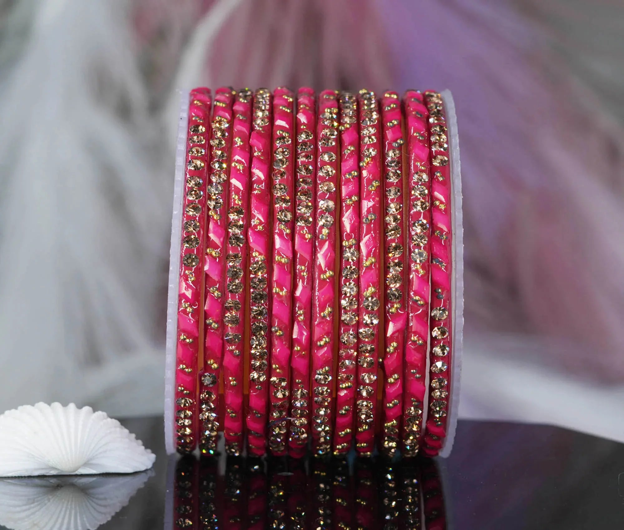 Glass Bangles with Gold Pearl Beads Studded for Women & Girls (Pack 12 Bangles) - The Golden Cascade